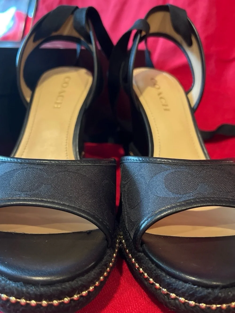 Coach Black Signature Espadrille Wedge Sandals with Gold Trim 9B